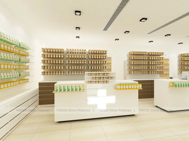 White Pharmacy Counter and Wall Shelf Fixture Set with Product Bays