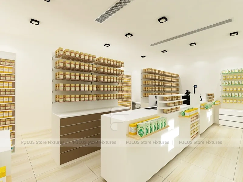 White Pharmacy Counter and Wall Shelf Fixture Set with Product Bays