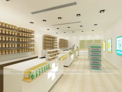 White Pharmacy Counter and Wall Shelf Fixture Set with Product Bays