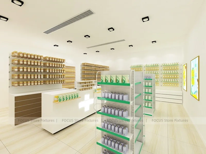 White Pharmacy Counter and Wall Shelf Fixture Set with Product Bays
