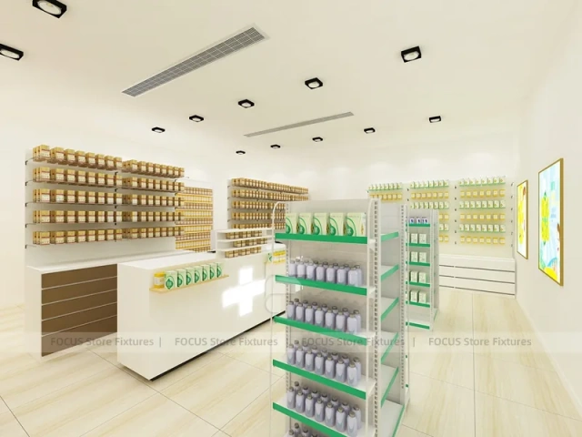 White Pharmacy Counter and Wall Shelf Fixture Set with Product Bays