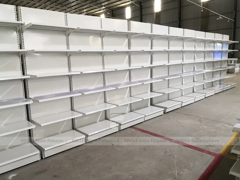 White Pharmacy Gondola and Wall Shelf Fixture Set