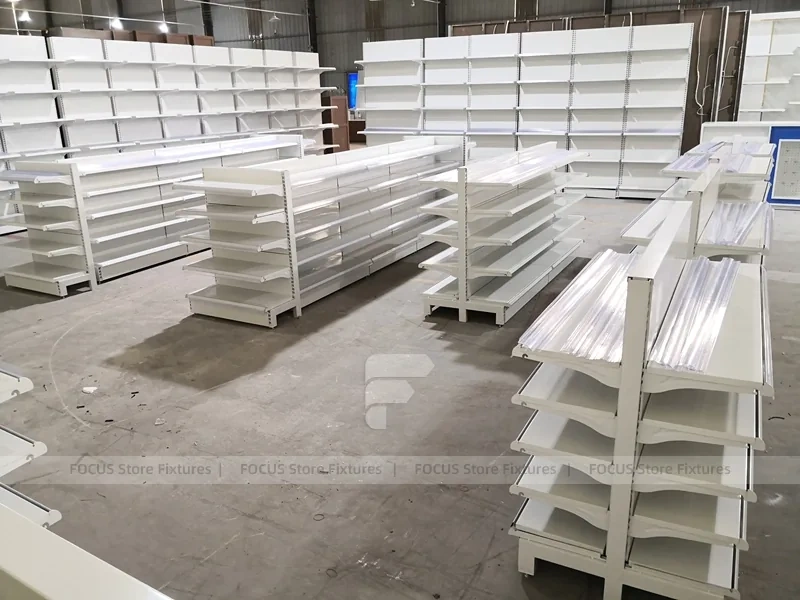 White Pharmacy Gondola and Wall Shelf Fixture Set