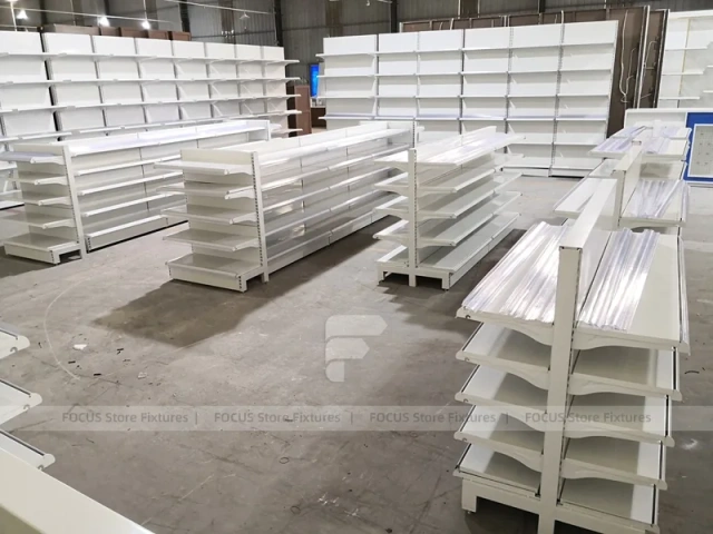 White Pharmacy Gondola and Wall Shelf Fixture Set