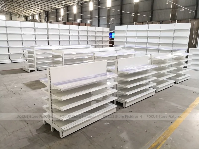 White Pharmacy Gondola and Wall Shelf Fixture Set