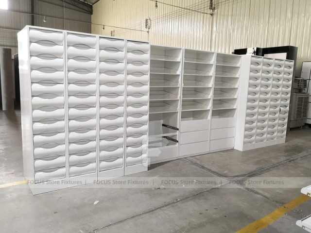 White Pharmacy Gondola and Wall Shelf Fixture Set