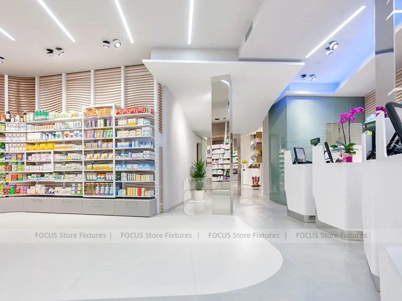 White Pharmacy Interior with Blue Lighting Accent