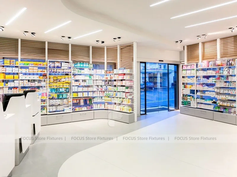 White Pharmacy Interior with Blue Lighting Accent