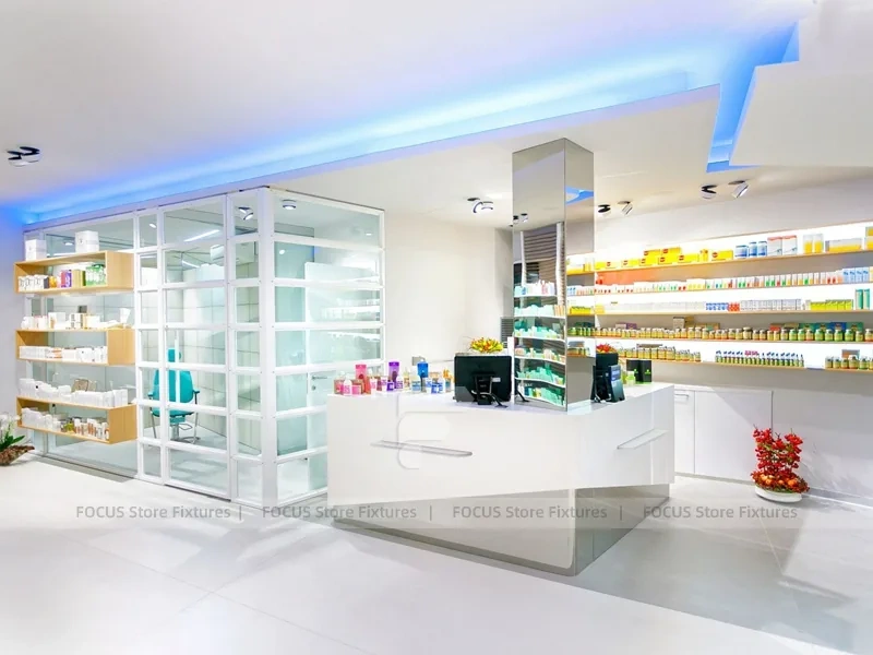 White Pharmacy Interior with Blue Lighting Accent