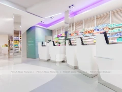 White Pharmacy Interior with Blue Lighting Accent