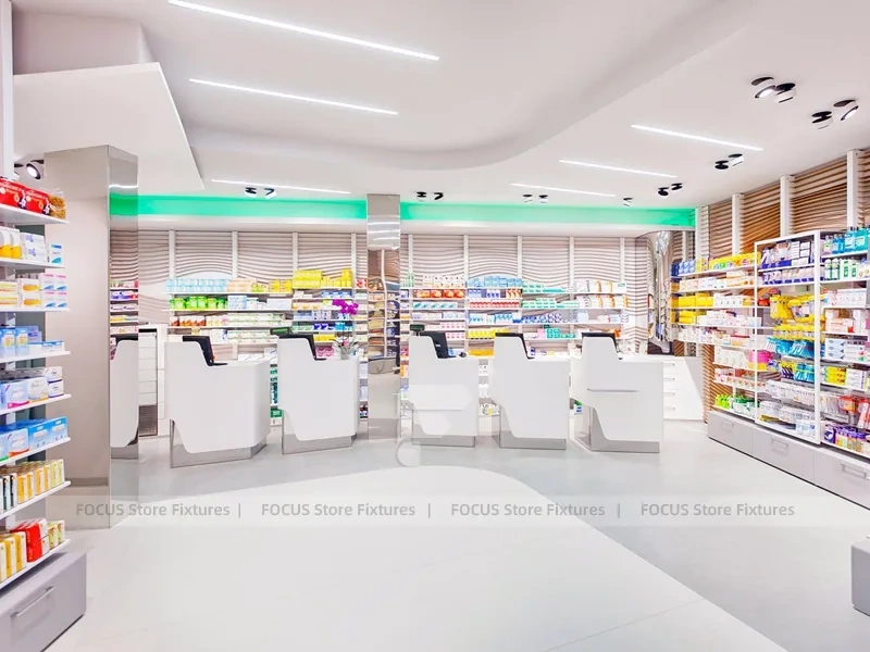 White Pharmacy Interior with Blue Lighting Accent