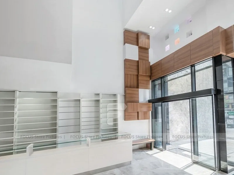 White Pharmacy Interior with Wood Reception Wall