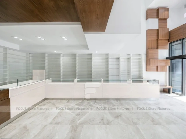 White Pharmacy Interior with Wood Reception Wall