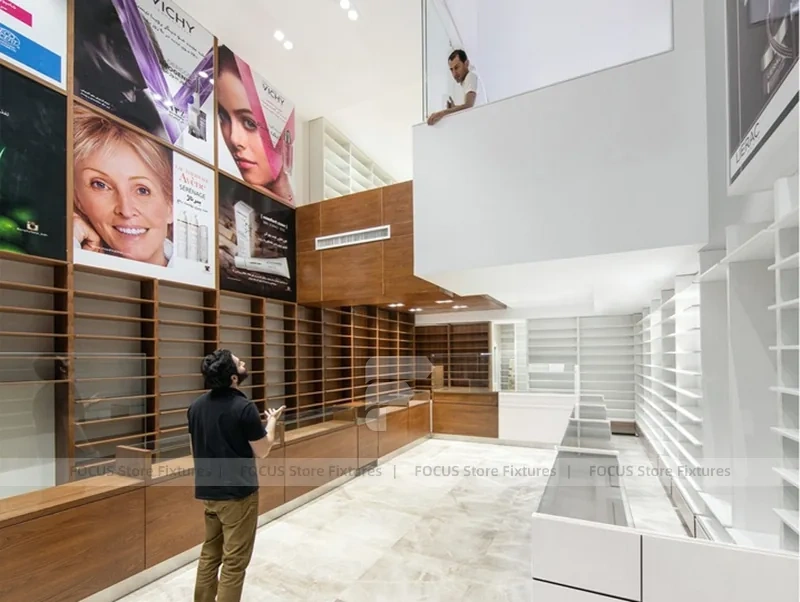 White Pharmacy Interior with Wood Reception Wall