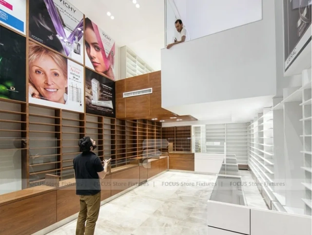 White Pharmacy Interior with Wood Reception Wall