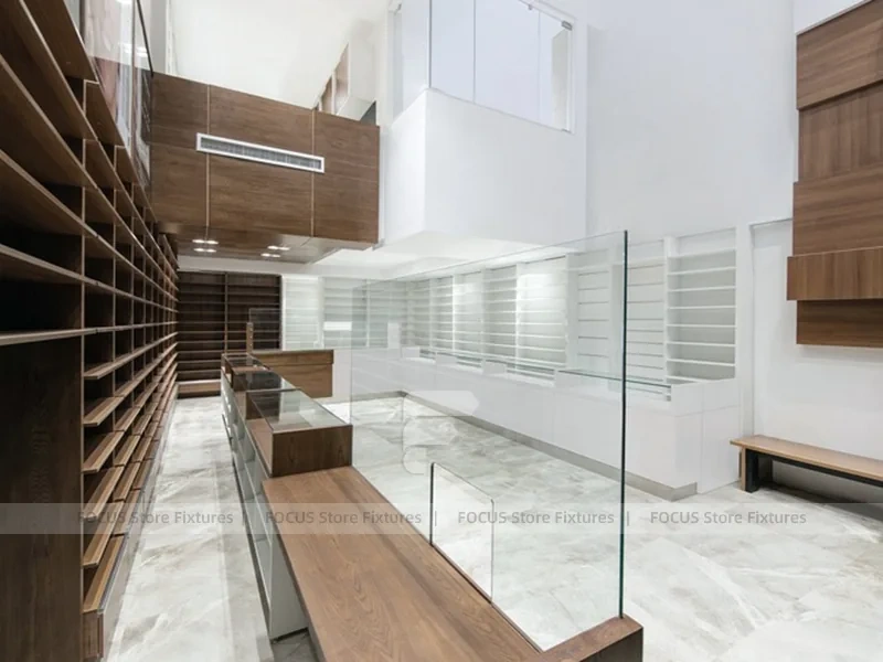 White Pharmacy Interior with Wood Reception Wall
