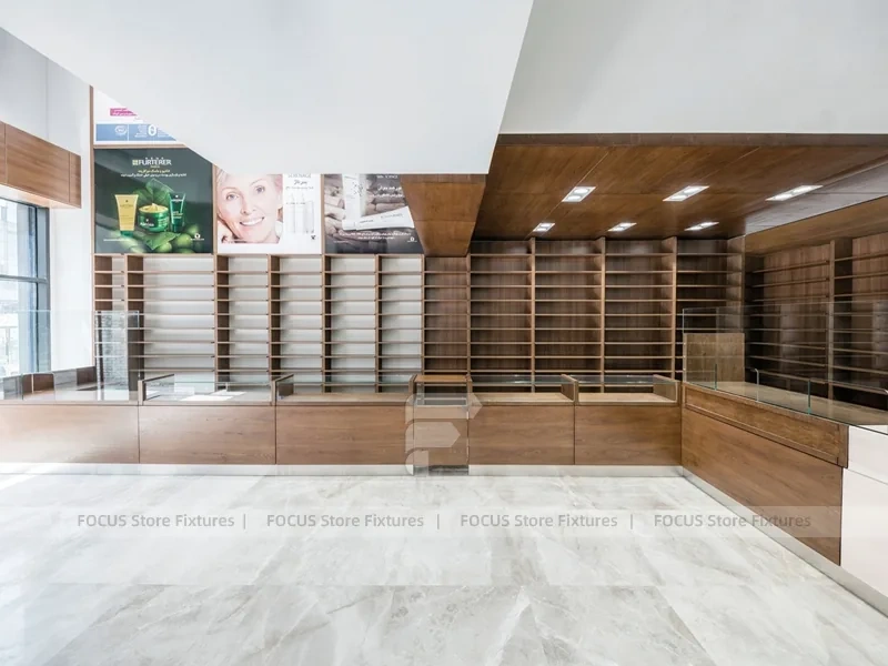 White Pharmacy Interior with Wood Reception Wall