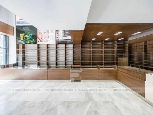 White Pharmacy Interior with Wood Reception Wall