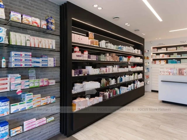 White Pharmacy Reception Counter with Dark Wall Shelves