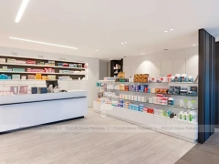 White Pharmacy Reception Counter with Dark Wall Shelves