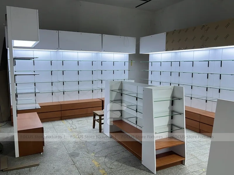 White Pharmacy Shelving Fixture Set with Wood Toe Kick