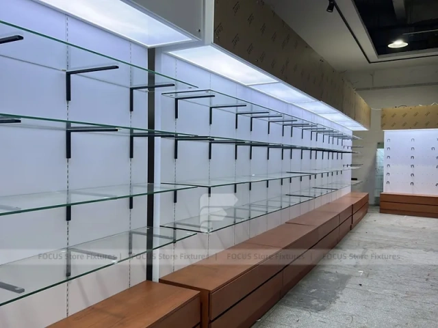 White Pharmacy Shelving Fixture Set with Wood Toe Kick