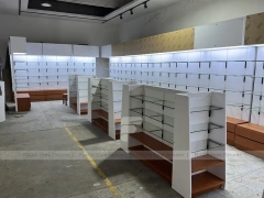White Pharmacy Shelving Fixture Set with Wood Toe Kick