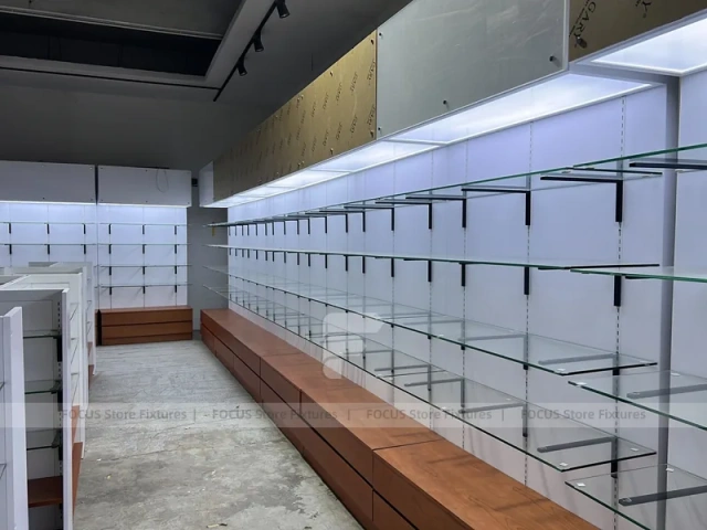 White Pharmacy Shelving Fixture Set with Wood Toe Kick