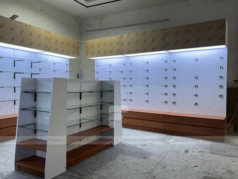 White Pharmacy Shelving Fixture Set with Wood Toe Kick