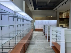White Pharmacy Shelving Fixture Set with Wood Toe Kick