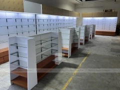 White Pharmacy Shelving Fixture Set with Wood Toe Kick