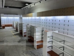 White Pharmacy Shelving Fixture Set with Wood Toe Kick