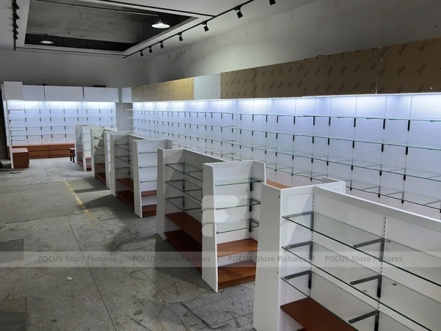 White Pharmacy Shelving Fixture Set with Wood Toe Kick