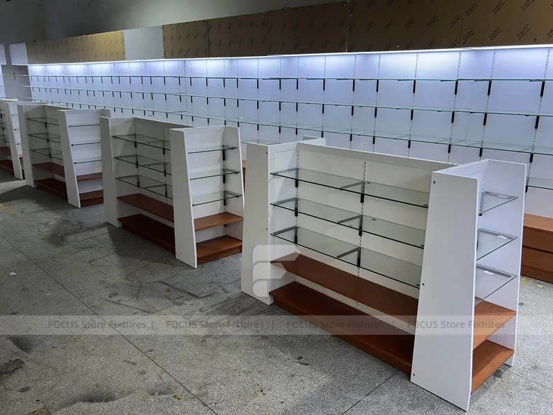 White Pharmacy Shelving Fixture Set with Wood Toe Kick