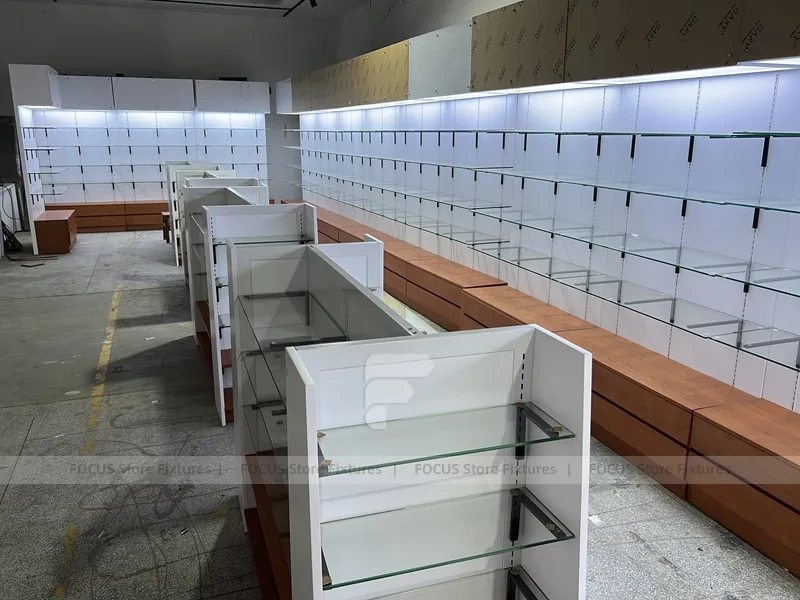 White Pharmacy Shelving Fixture Set with Wood Toe Kick