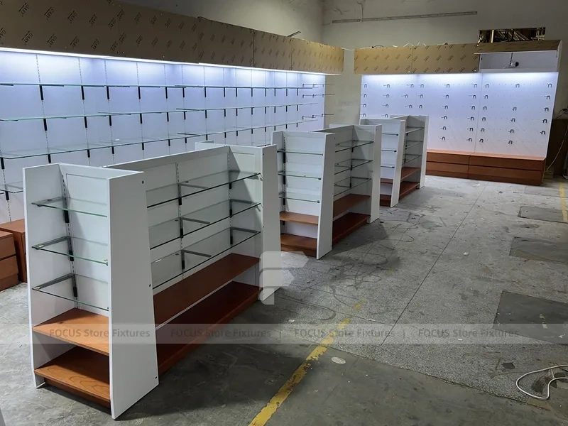 White Pharmacy Shelving Fixture Set with Wood Toe Kick