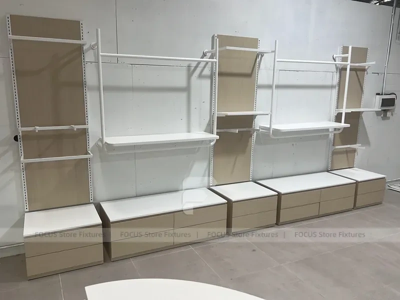 White Wall Shelving with Base Storage Drawers