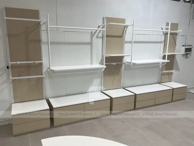 White Wall Shelving with Base Storage Drawers