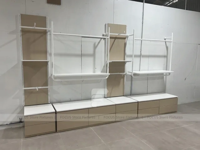 White Wall Shelving with Base Storage Drawers