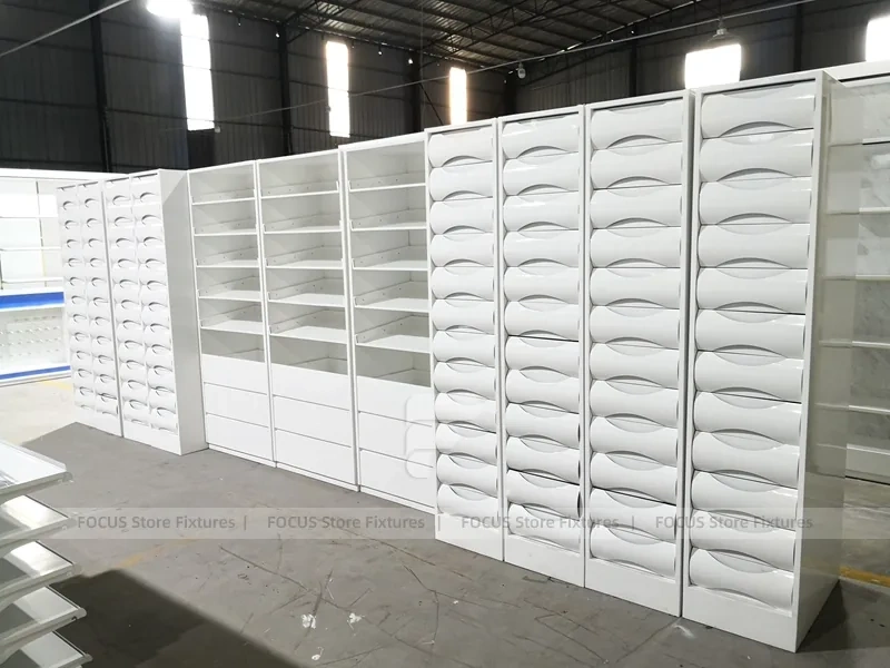 White Wave Front Pharmacy Shelving and Gondola Fixture Set