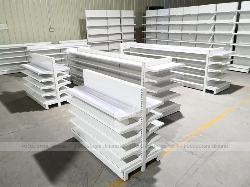 White Wave Front Pharmacy Shelving and Gondola Fixture Set