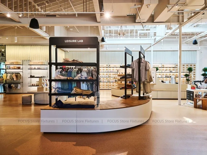 Wood Accent Apparel Lounge and Wall Display