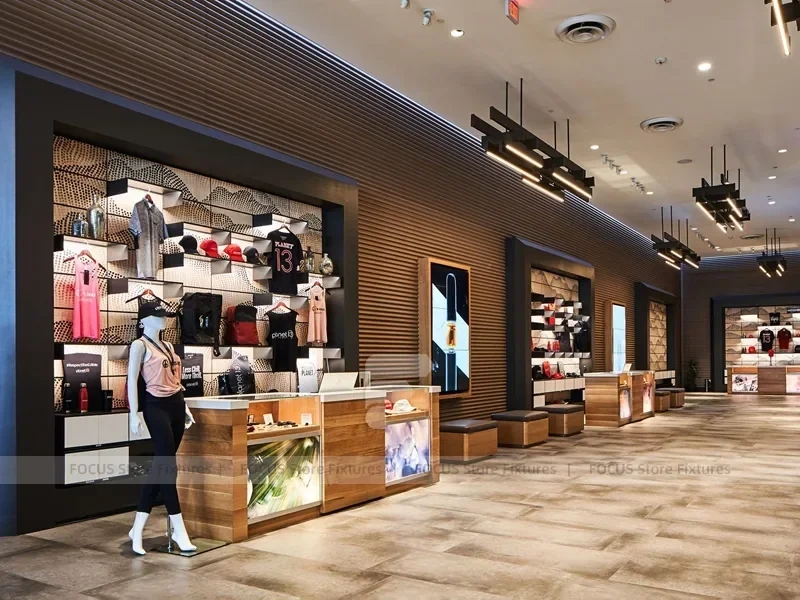 Wood Accent Apparel Lounge and Wall Display