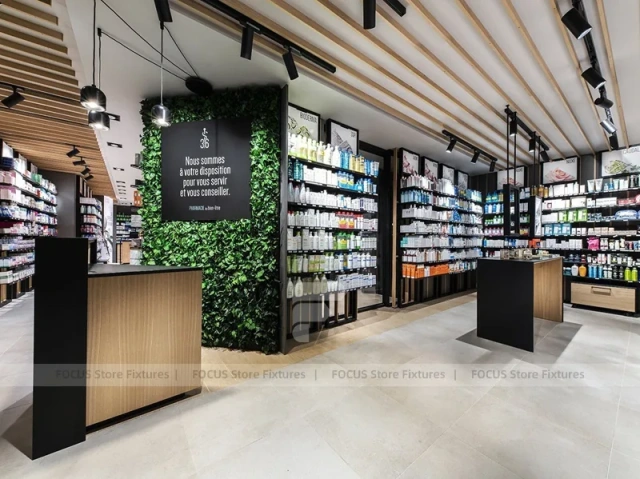 Wood Ceiling Black Pharmacy Counter Interior