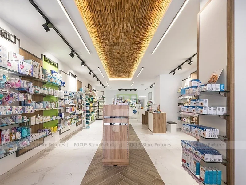 Wood Ceiling Pharmacy Aisle Shelving and Retail Display
