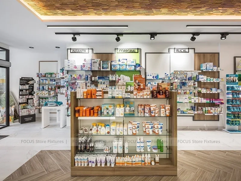 Wood Ceiling Pharmacy Aisle Shelving and Retail Display