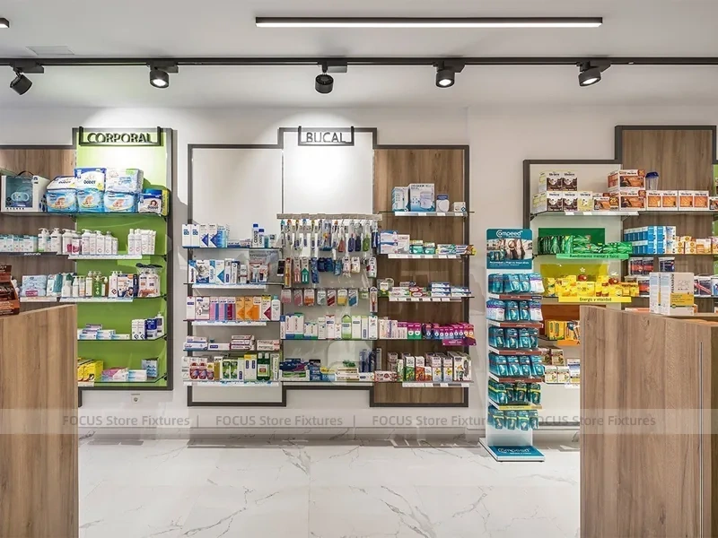 Wood Ceiling Pharmacy Aisle Shelving and Retail Display