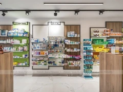Wood Ceiling Pharmacy Aisle Shelving and Retail Display