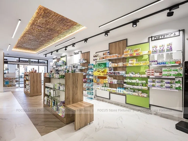 Wood Ceiling Pharmacy Aisle Shelving and Retail Display