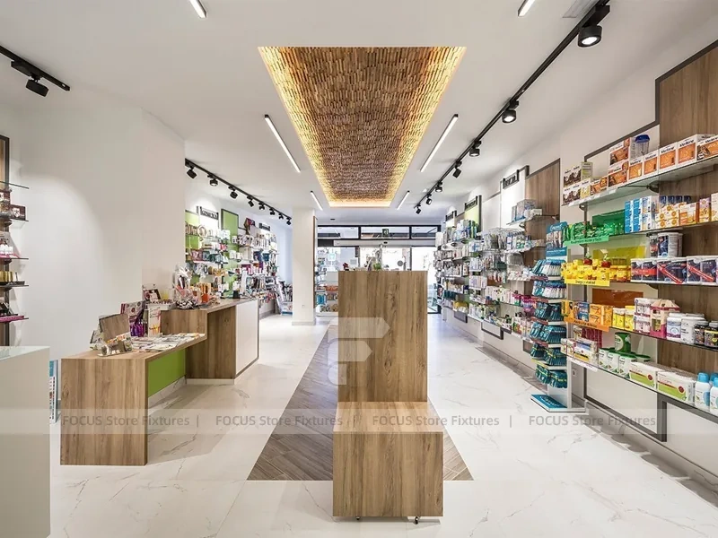 Wood Ceiling Pharmacy Aisle Shelving and Retail Display